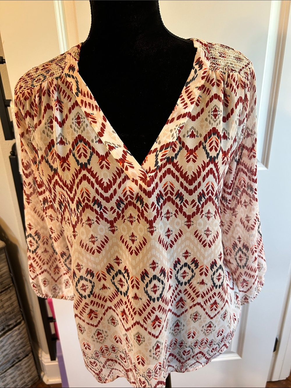 Ann Taylor Cream Blouse with Rust & Teal Geometric Print